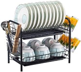 Cakunmik 2 Tier Rustproof Stable Dish Rack with Tray Sturdy Dish Drainer Black Organizer with Utensil Holder for Kitchen Counter Multifunctional Storage