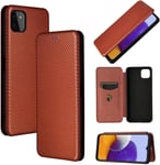 Compatible Avec Coque Samsung Galaxy A22 4g, Mince Flip Fibre De Carbone [Test De Chute] Antichoc Stand Fente Avec Carte, Protecteur D'écran En Verre Trempé*2-Marron