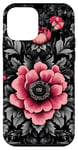 Coque pour iPhone 12 mini Noir abstrait ethnique rose pivoine Art Design Pattern --ar