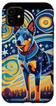 Coque pour iPhone 11 Chien de bétail bleu à talons dans le style de l'art de chien de nuit étoilée