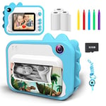 Ukuu Appareil Photo Instantané, 2 Pouces 1080P avec 3 Rouleaux de Papier à Imprimer et 5 Couleurs Stylo Pinceau Cadeau pour Enfant Caméra Vidéo Noir et Blanc avec Carte SD de 32 Go (Blue)