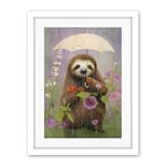 Artery8 Picking Flowers in the Rain Oil Painting Cute Sloth with an Umbrella in a Wildflower Meadow Kids Bedroom Artwork Framed Wall Art Print 18X24 Inch