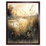 Serene Lakeside Landscape with Wildflowers at Dawn Modern Watercolour Painting Art Print Framed Poster Wall Decor 12x16 inch