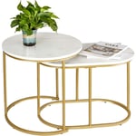 Lot de 2 Table Gigognes Salon, Table d'appoint, Table Basse Ronde de Canapé avec Cadre en Métal Doré pour Salon Balcon Terrasse et la Chambre,Blanc