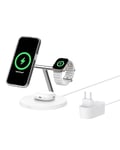 Belkin BoostCharge Station de Recharge 3-en-1 avec Qi2 (Chargeur MagSafe Compatible pour Tous Les modèles de l'iPhone 16, Apple Watch, AirPods, Base antidérapante, Adaptateur Secteur Inclus, Blanc)