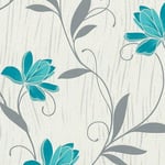 AS Creation Lotus Wallpaper Floral Textured Glitter Vinyl Grey Teal Blue White