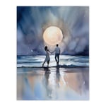 You Me And The Full Moon Watercolour Painting Orange Blue Couple Dancing Under A Full Moon In A Serene Coastal Landscape Romantic Bedroom Art Unframed