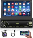 Autoradio 1 DIN avec Ecran Tactile Retractable 7 Pouces,Poste Radio Voiture Bluetooth Soporte Mirror Link USB SWC Type-C MIC+Caméra de Recul(Q1451)