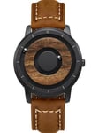 EUTOUR Montre Homme en Bois Magnétique Pas de Verre Roulement à Billes Quartz Montres Bracelet pour Homme avec Bracelet en Cuir Marron Foncé