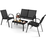 GIANTEX Ensemble Salon de Jardin Extérieur 4 Pcs pour 4 Personnes, 2 Fauteuils+Banc à 2 Places+1 Table Basse en Verre,Cadre en