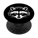 Black and White Gamer Raccoon with Headphones PopSockets Adhesive PopGrip