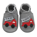 Bemesu premiers marcheurs chaussures rampantes pour bébés pantoufles en cuir pantoufles pour enfants en cuir souple pour filles et garçons camion de pompiers gris (M, 6-12 M, EU 20-21)