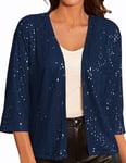 GRACE KARIN Gilet Court Bolero Femme Elegant à Sequins Manche 3/4 pour Robe de Soiree Cocktail Bleu Foncé à Paillettes L