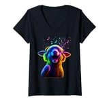 Womens Retro Musical Lamb Rainbow Singing Bright Headphones Music V-Neck T-Shirt