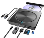 Lecteur CD DVD Externe pour PC, USB 3.0 et USB-C Graveur DVD Externe avec 2 USB et Fente SD/TF, Optique Portable CD DVD -/+RW Drive, Lecteur CD DVD Externe pour Windows/MacOS/Laptop/Desktop