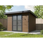 Abri Bois Composite alma - 9m2 Brun - Epaisseur des Madriers : 28mm - Cabane de Jardin - Grilles d'Aeration - Porte Double - Gouttiere