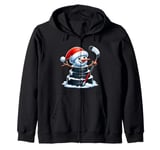 Cartoon Ice Hockey Puck Snowman with Santa Hat Christmas Zip Hoodie