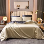 Housse de Couette 240 x 260 Beige Doré Adulte 2 Personnes Parure de lit Unie Satinée Housse Couette Soie Lisse Soyeux Brillant Ensemble Literie avec Fermeture éclair et 2x 65x65cm Taies d'oreiller