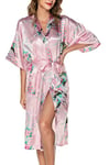 Lovasy Peignoir Satin Femme Robes de Chambre et Kimonos de Mariée Robes de Chambre Soie Court Kimono Col V avec Ceinture,Rose,M