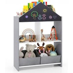 Goplus - Bibliothèque pour Enfants en Forme de Maison avec Tableau Noir/Blanc-2 Compartiments et 2 Bacs en Tissu Gris