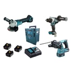 Lot 3 outils 18V - perceuse visseuse DDF486 + perfo-burineur DHR243 + disqueuse DGA506 Makita avec 3 batteries 18V 5.0Ah - chargeur - MakPac