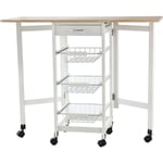 Homcom - Chariot de service desserte de cuisine à roulettes multi-rangements 3 paniers métal + tiroir + rallonges mdf blanc chêne clair