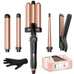 BESTOPE PRO Fer à boucler Hair Curler avec fer à lisser, fer à boucler 3 fûts, céramique antistatique, fer à onduler pour cheveux, avec température réglable, chauffage rapide, or rose 5 en 1