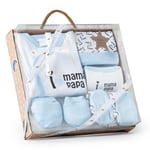 Coffret cadeau pour bébé: ensemble 5 pièces, modèle I love Mama Papa, bleu