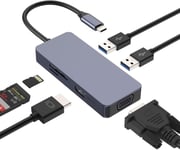 Hub Usb C Adaptateur Triple Affichage,6 In 1 Dock Usb Type C Double Écran(2 * Usb 3.0,Hdmi,Vga,Sd/Tf)Compatible Avec Windows 10,8,7,Xp/Mac Os/Linux/Vista