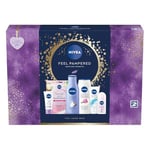 NIVEA Feel Pampered Skincare Gift Set (6 Products), Women's Gift Set Includes Shower Cream, Anti-Perspirant, Body Lotion, Soothing Day Cream SPF15, Soft Moisturising Cream and Face Sheet Mask