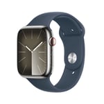 Apple Watch Series 9 Cellular 45mm Rustfritt Stål Sølv med Stormblå Sport Band - M/L