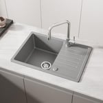 Evier Cuisine 1 Bac avec Egouttoir 65 x 45 cm, Evier Gris en Granit, Lavabo Cuisine 1 bac, Évier Cuisine Installation Réversible, avec Siphon