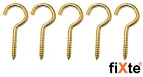 fiXte Heavy Duty Multipurpose Screw In Hooks 100mm (4 inch) Brass Pack of 5