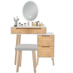 Puluomis - Coiffeuse meuble avec Miroir led et Tabouret Coiffeuse de maquillage 4 tiroirs en Bois Pour le rangement Éclairage led 3 couleurs Adulte