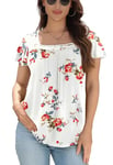 CHNAGMU Blouses for Women Short Sleeve Tunic Tops Casual Square Neck Ladies Loose Summer Elegant T Shirts, Rose White Print Floral, X-Large