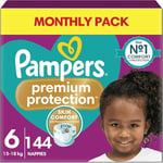 Pampers Premium Protection Size 6, 144 Nappies, 13kg-18kg, Monthly Pack, Double Protection for skin and against leaks