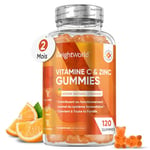 Vitamine C Gummies Avec Zinc - 120 Gummies Vegan (2Mois) Adultes & Enfants (Dès 5ans) - Arôme Naturel d'Orange - 200mg Vit C Acide Ascorbique et 6mg Zinc - Gummies Énergie & Immunité Adulte/Enfant