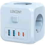 LENCENT Prolongateur de prise murale 7-en-1 EU Plug avec prises 3AC + 2 USB-A + 2 USB-C Cube Socket On/Off Adaptateur interrupteur pour la maison - Type Blue 3AC 2U2C #A