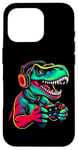 Coque pour iPhone 16 Pro Gaming Dinosaurs- Le T-rex joue aux jeux vidéo