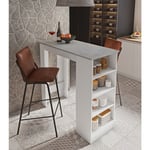 Dmora Table péninsule de cuisine avec 4 étagères, Meuble bar, Table haute auxiliaire, 112x49,50xh106 cm, Couleur Blanc et Ciment, avec emballage