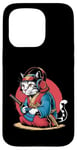 Coque pour iPhone 15 Pro Japon Kawaii Cat Samurai Casque Casque Manette de Jeu Vidéo