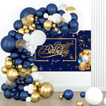 Navy Blue Balloon Arch Kit with Happy Birthday Backdrop,94Pcs Navy Blue and Gold