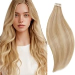 RUNATURE Extension Cheveux Adhesive Blond Bande Adhesif Extension Cheveux Blond Doré avec Blond Clair Extension Adhesive Cheveux Naturel Skin Weft 22 Pouces/55cm 20pcs/50g #16P24