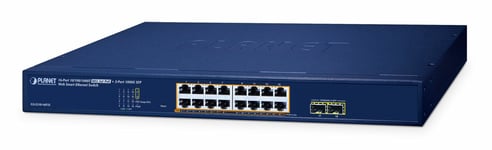 PLANET 16-Port 10/100/1000T 802.3at PoE + 2-Port 1000X SFP Web Smart Ethernet Switch (240W PoE Budget, 802.1Q VLAN, Link Aggregation, IGMP Håndtert L2 Gigabit Ethernet (10/100/1000) Strøm over Ethernet (PoE) Blå