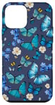 iPhone 12 mini Blue Butterflies and Floral Pattern on Preppy Navy Blue Case