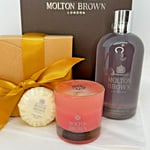 MOLTON BROWN Rose & Rhubarb Bath Shower Gel 300ml Mini Candle Soap Gift Set Bag