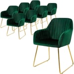 Ml-design - Set de 8 Chaises de Salle à Manger, Vert, Assise Rembourrée en Velours, Pieds Dorés en Métal, avec Dossier et Accoudoirs Ergonomiques,