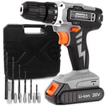 Terratek Cordless Drill Driver 20V Li-Ion 1HR Fast Charge Battery, 13Pc Electric Screwdriver Set, LED Work Light, Electric Drill Quick Change Power Drill Battery with Charger & Carry Case Included