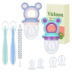 Vicloon Silicone Tétine D'alimentation pour Bébé,2PCS Tétine à Fruit avec 6 Tétines en Silicone sans BPA pour Fruits et Légumes Aliments pour Bébés+Cuillère 2 Pièces (vert + violet)