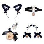 Cute Cat Headband Metal ân-âl Plùg and Cat-Shape Choker With Bowknot Bells NǐƤp-lɇ for Couplɇs Roleplay Game Prop - Golden